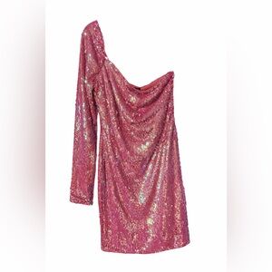 Lulu’s Pink Sequin One-Shoulder Mini Dress | Size L | NWT